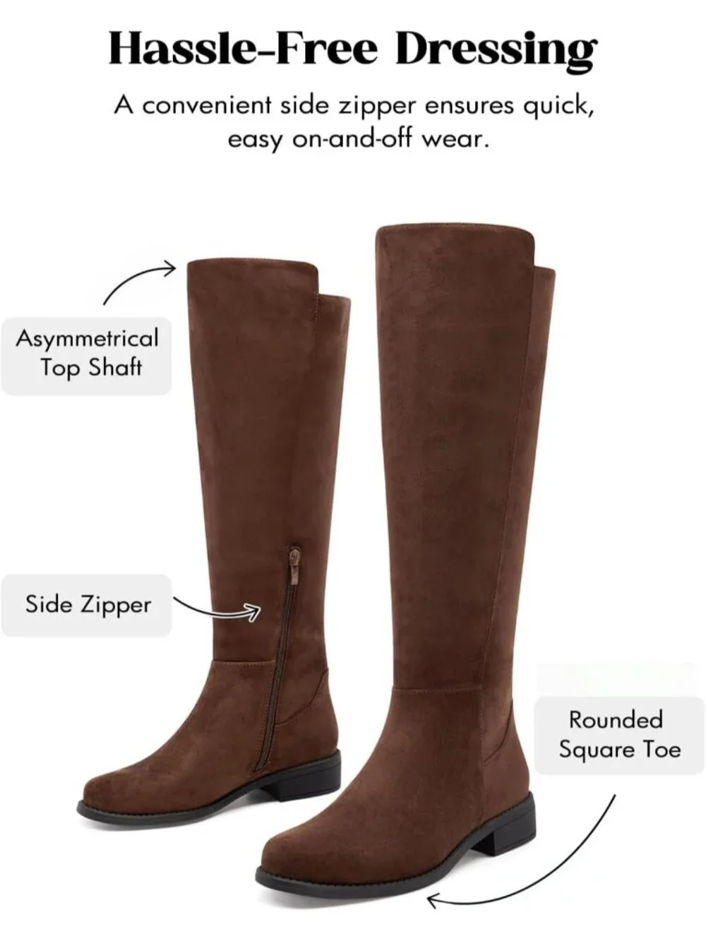 Women Chocolate Suede Chunky Block Low Heel Round Toe Side Zipper Knee High Boot